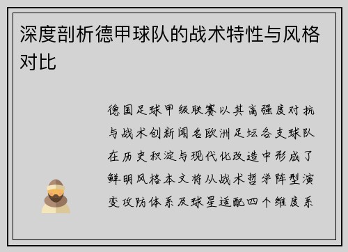 深度剖析德甲球队的战术特性与风格对比